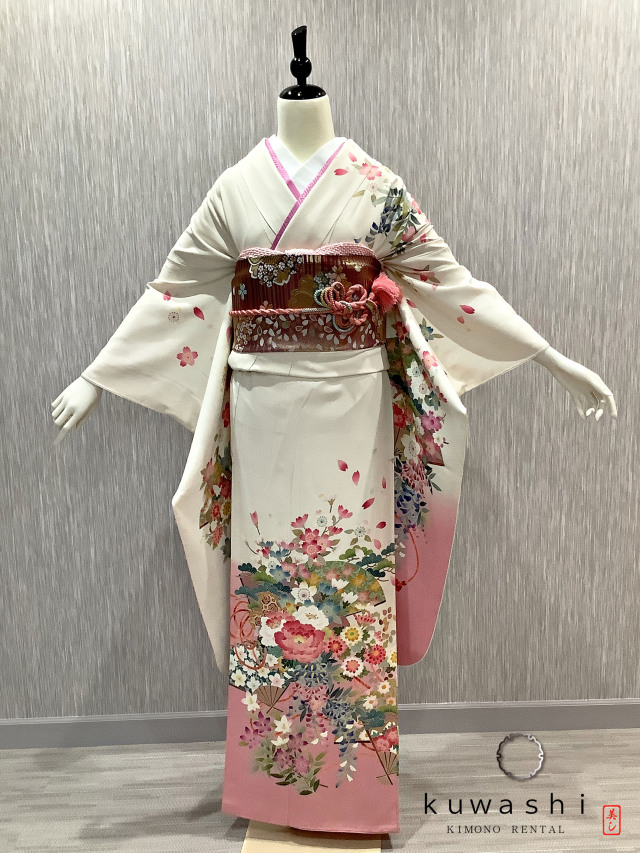 正絹振袖レンタル】 80019 ホワイト／ピンク扇面四季花正絹振袖