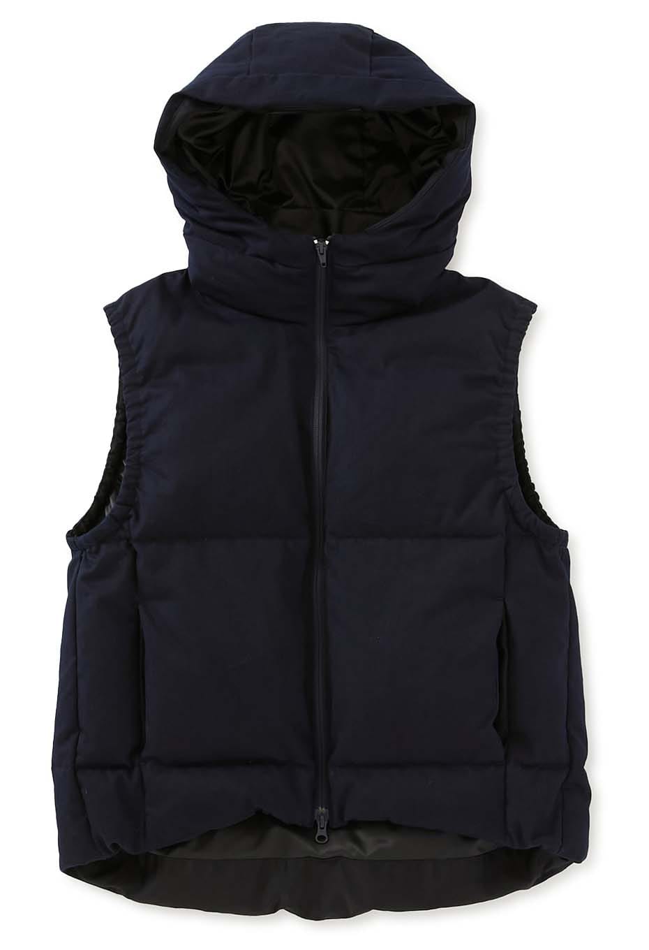 インディゴナイロンサテン リサイクルダウン フードベスト | BLUE BLUE