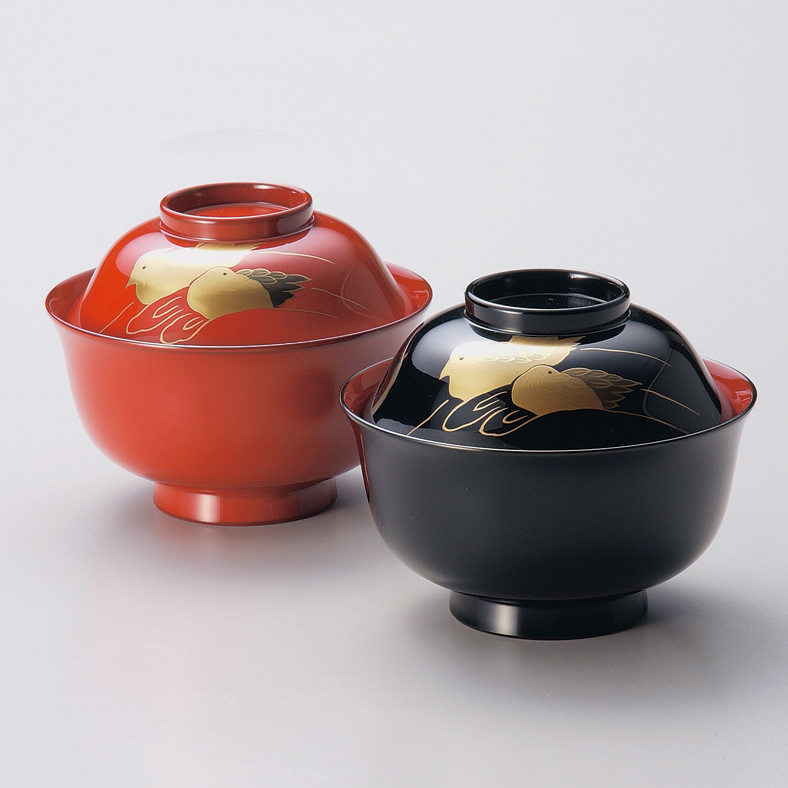 夫婦椀 おしどり 朱・黒内朱 蓋付きのお椀 2客セット 漆塗り 11-03606