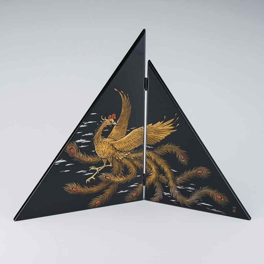 三角屏風 沈金日鳳凰 黒 木製 漆塗り 漆器の井助