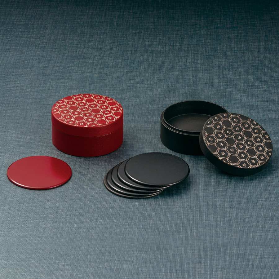 マルチBOX 花七宝 乾漆塗 （コースター5枚付き）赤/黒 漆器の井助