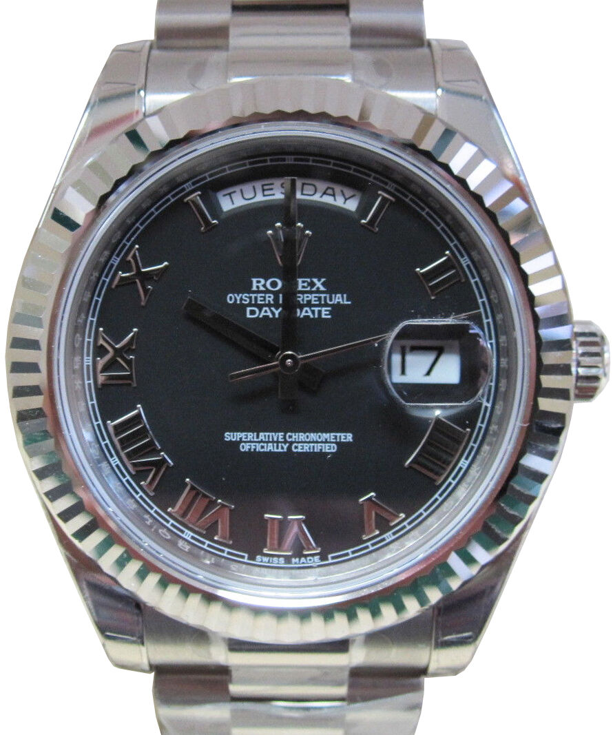 Rolex Day-Date II 218239 41mm Black Roman Fluted White Gold