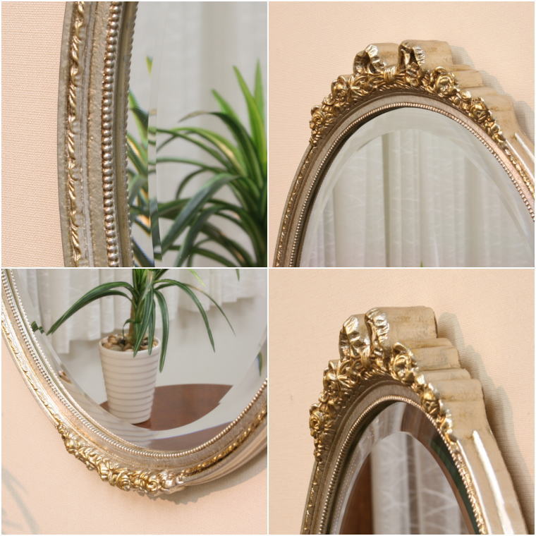 イタリア直輸入 かわいい木製オーバルウォールミラー アンティーク