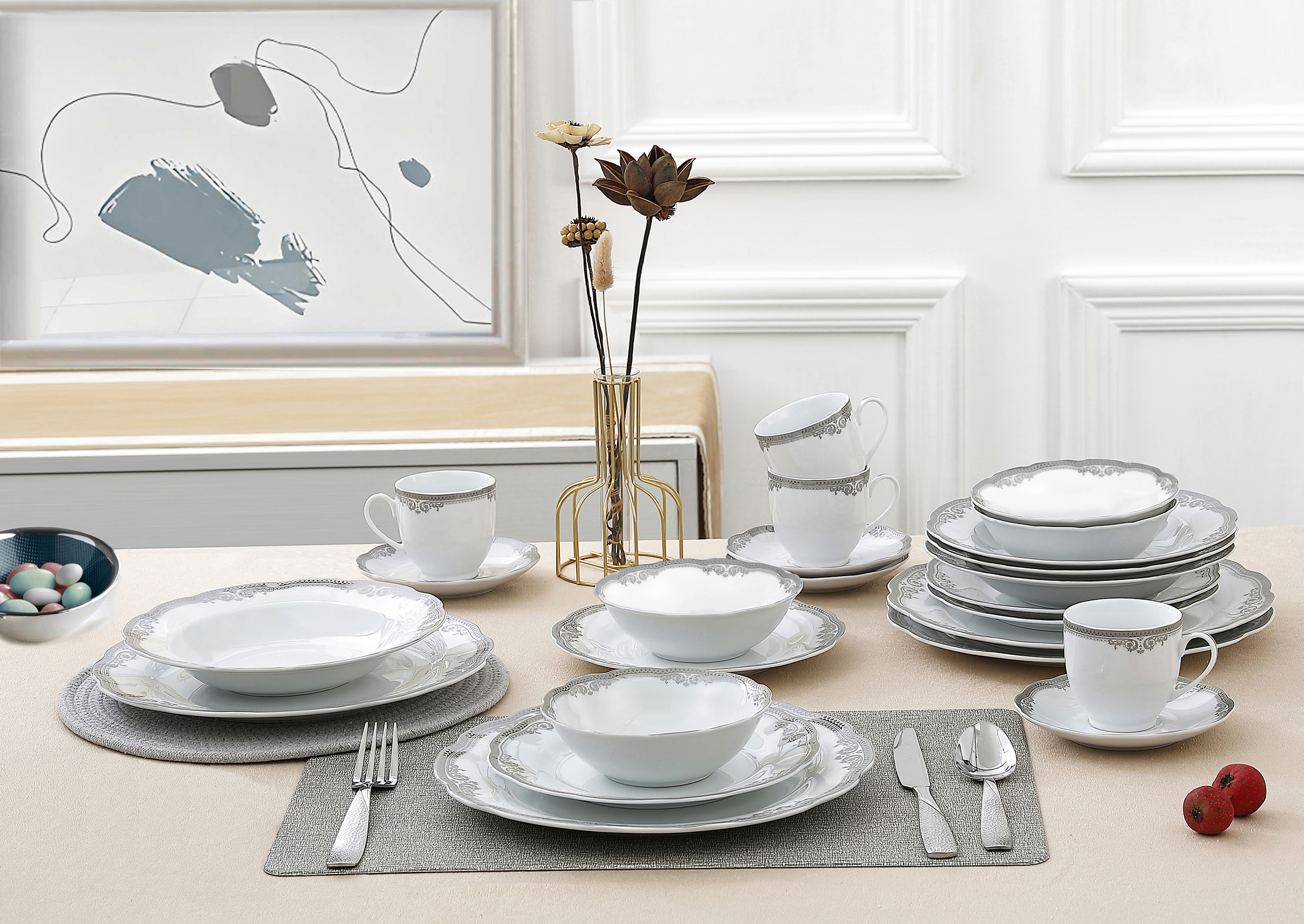 Porcelain Wavy Edge Dinnerware Set, 24 Piece Service for 4 by