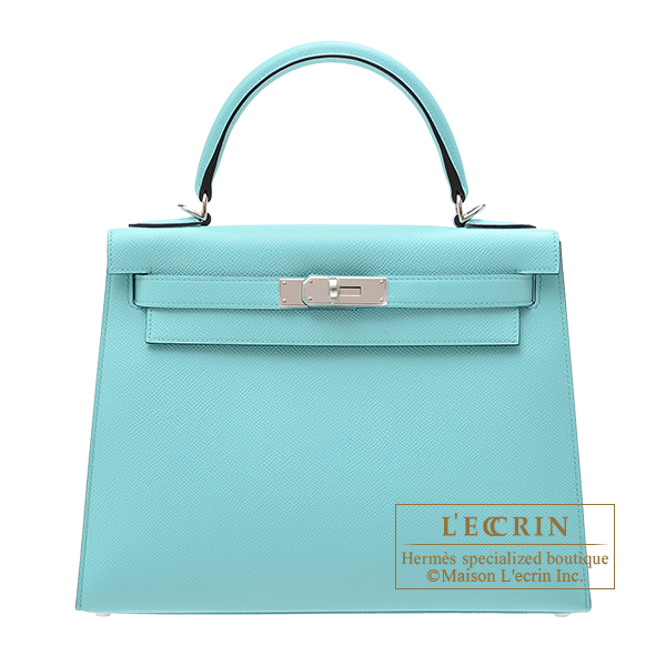 エルメス ケリー28/外縫い ブルーアトール ヴォーエプソン シルバー