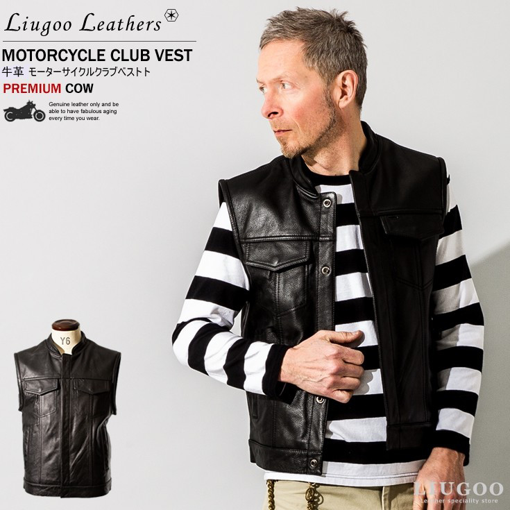 Liugoo Leathers 本革 モーターサイクルクラブベスト メンズ