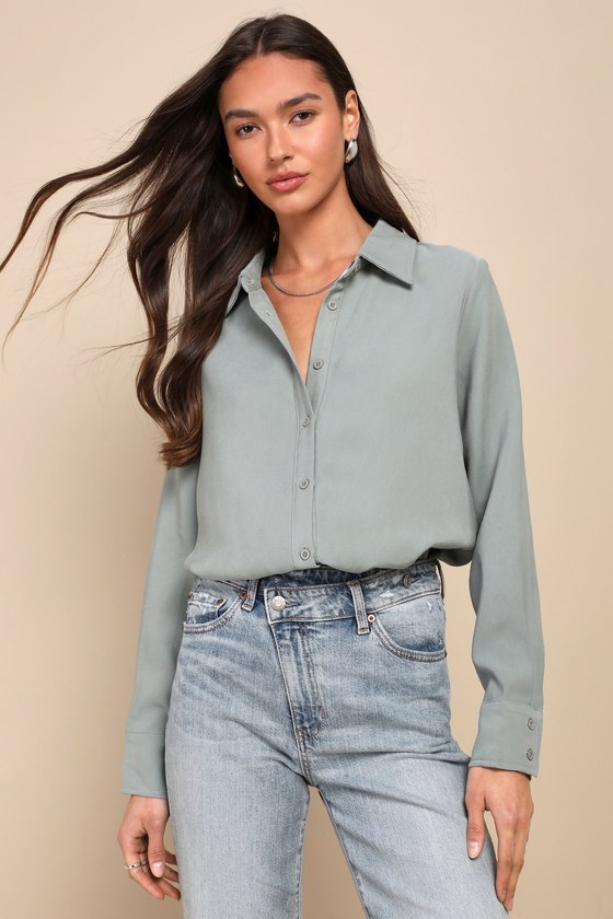 Sage Green Collared Shirt - Women's Button-Up - Green Button-Up