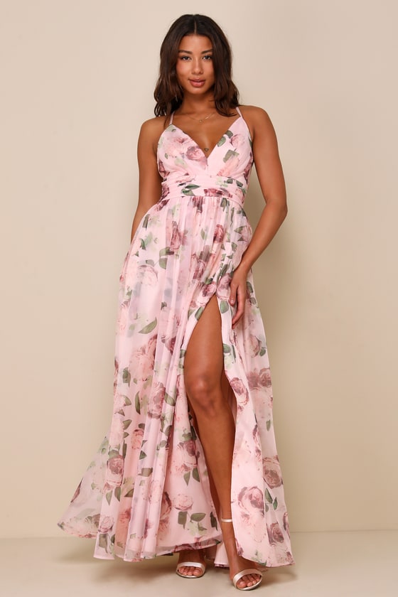 Blush Floral Print Dress - Organza Maxi Gown - Plunge Dress - Lulus