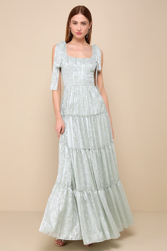 Sage Green Jacquard Dress - Tiered Dress - Tie-Strap Maxi Dress