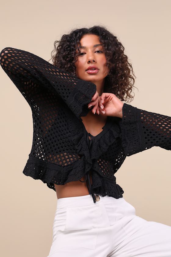 Black Crochet Knit Top - Tie-Front Crochet Top - Ruffled Knit Top