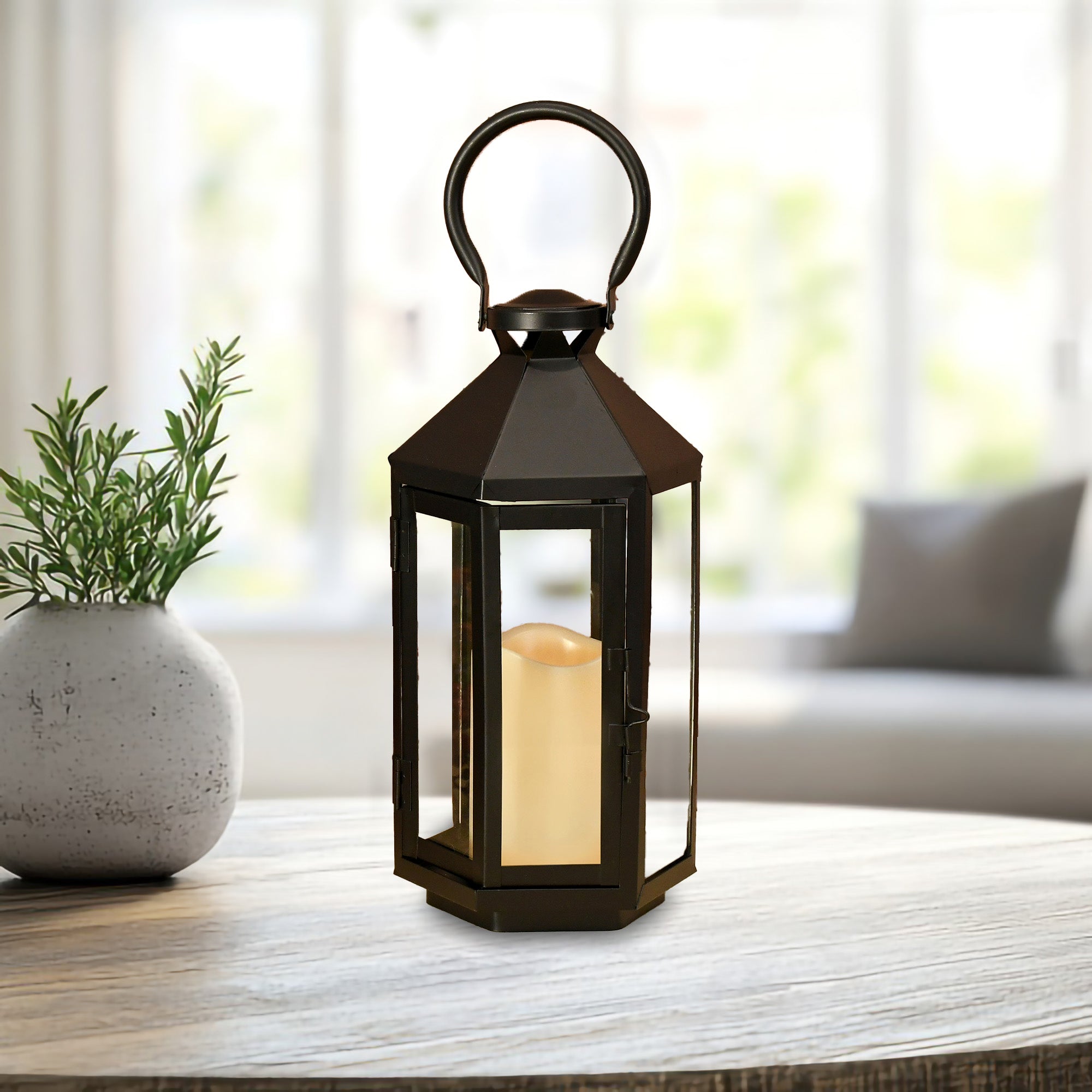 Metal Lantern with Battery-Operated Candle - Black Hexagon – LumaBase