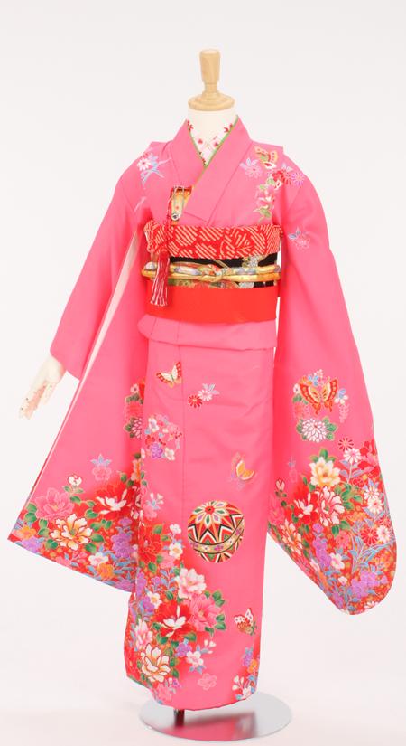 七五三/7才着物レンタル/髪飾り付19点セット/ピンク/手毬に蝶と椿/R7