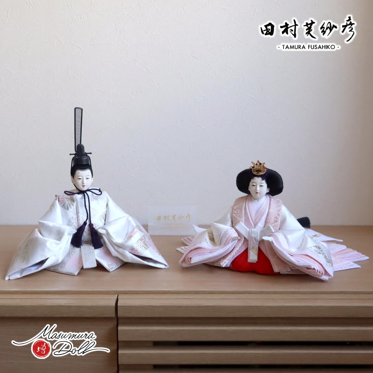 最新作 田村芙紗彦作 菊菱正絹有職雛 無地扇 ヒノキ枠本刺繍屏風「夢桜