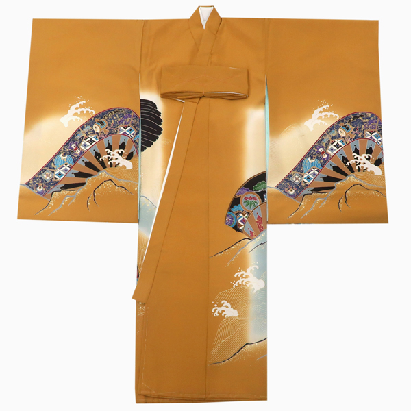 オンラインカタログ]産着 男の子 正絹 京友禅 鷹 波 源氏車 山吹色