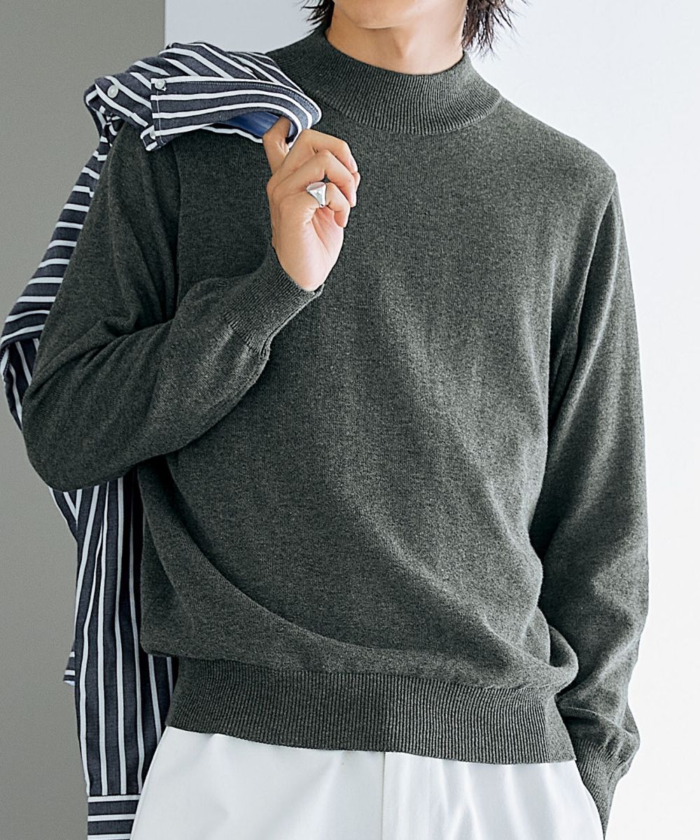 洗える綿100％モックネックニット（ハイゲージ）【大きいサイズ有