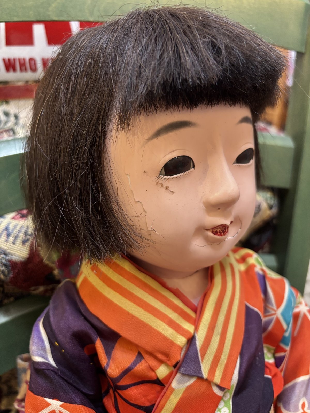 大きな大正時代の市松人形『明仙のお着物』人毛 傷有 経年劣化有63cm