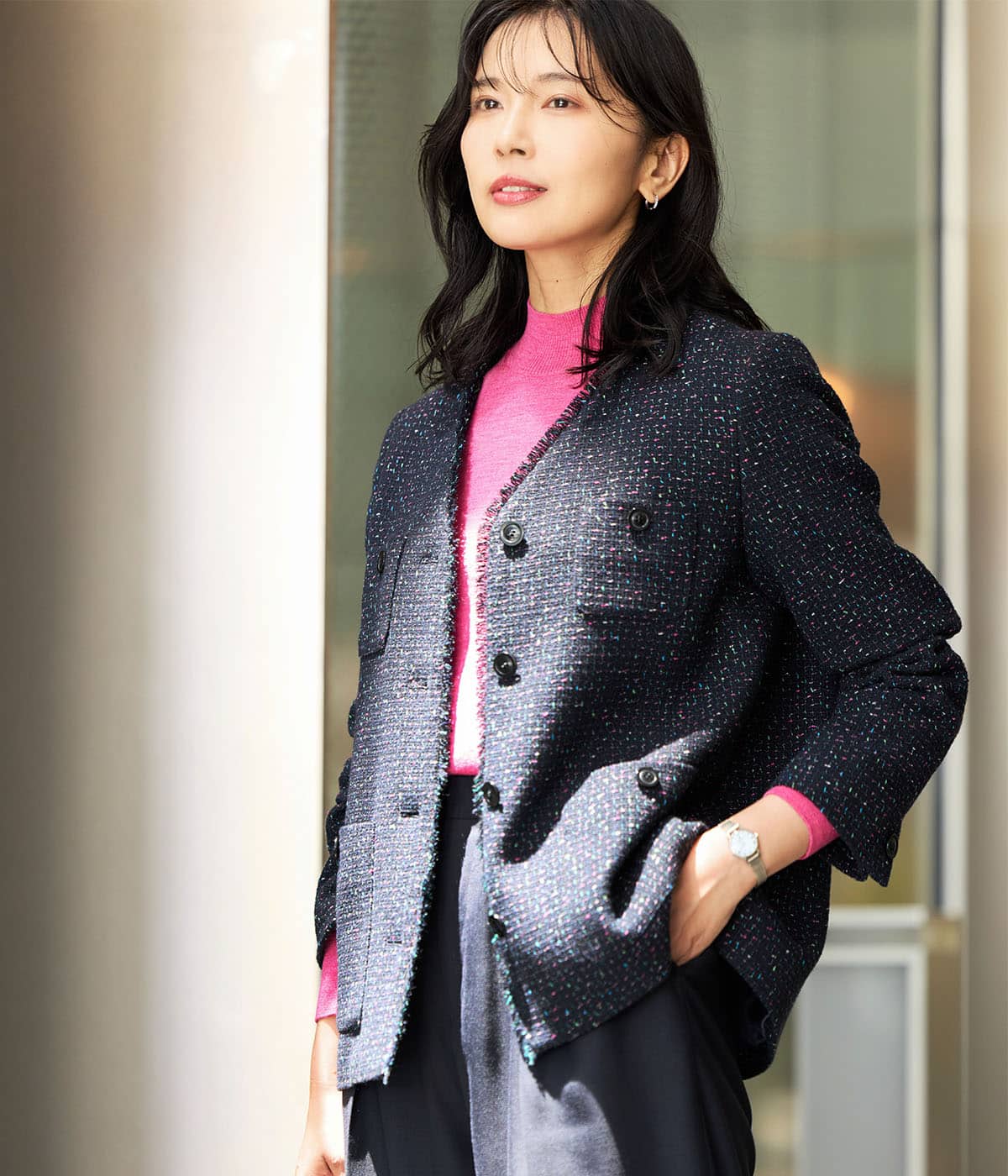 L】ネオンカラーミックスツィード ノーカラージャケット(54116261-2025