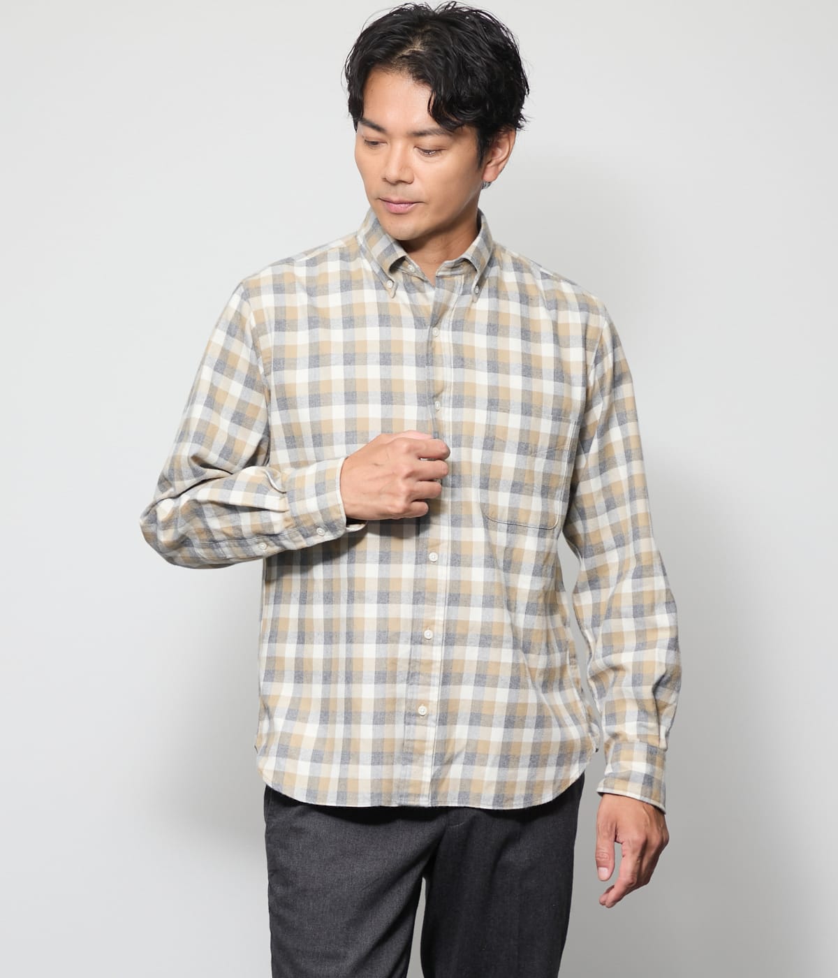 NUANCES COLOR MEASURE CHECK 起毛 ネルチェック 長袖ショートボタン