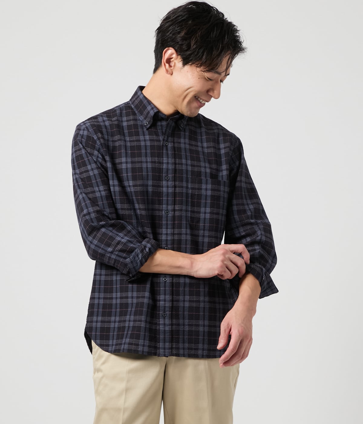 リネン混 サッカー チェック 長袖ショートボタンダウンシャツ(16765706