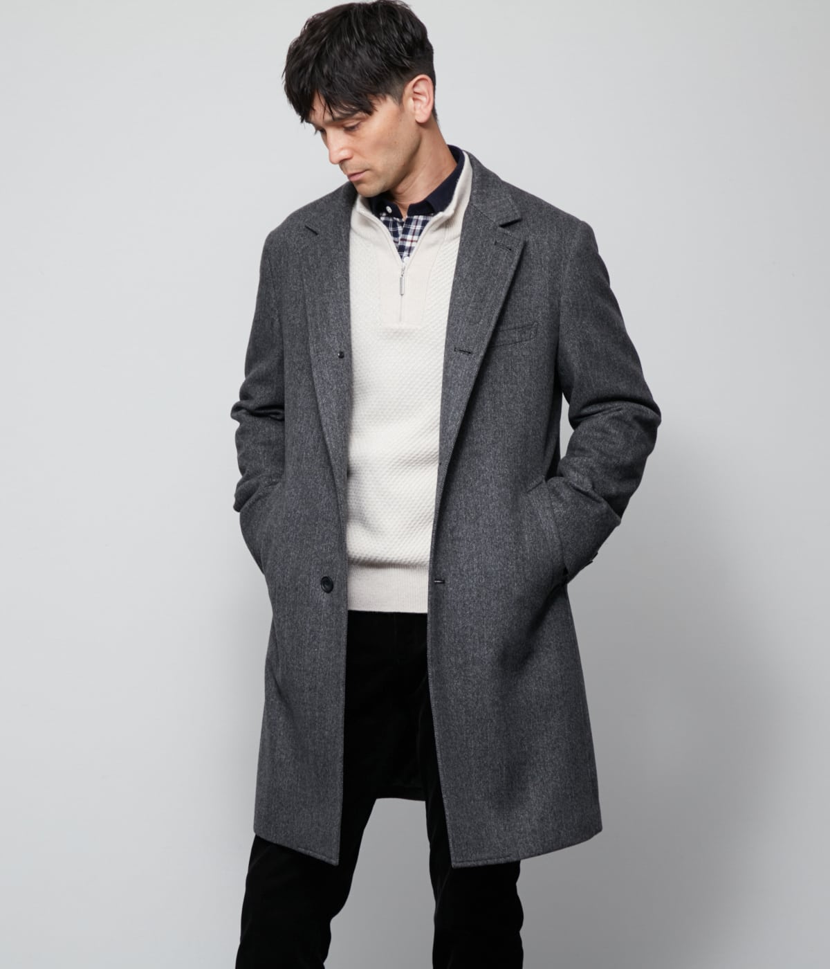 カシミヤ混 ヘリンボーン ビーバー コンバーチブルカラーコート