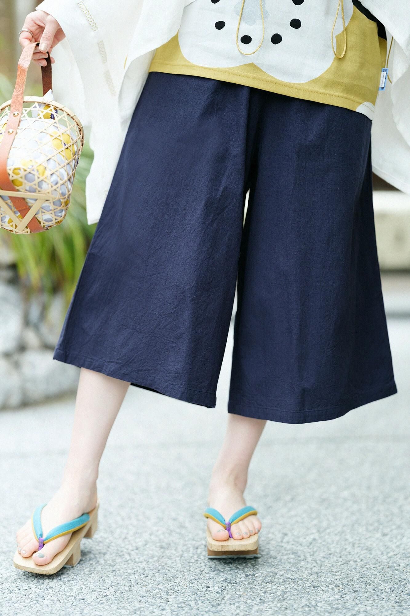 伊勢木綿 20/20 麻混 広形（ひろなり）もんぺ はぎ丈／濃紺（のうこん）