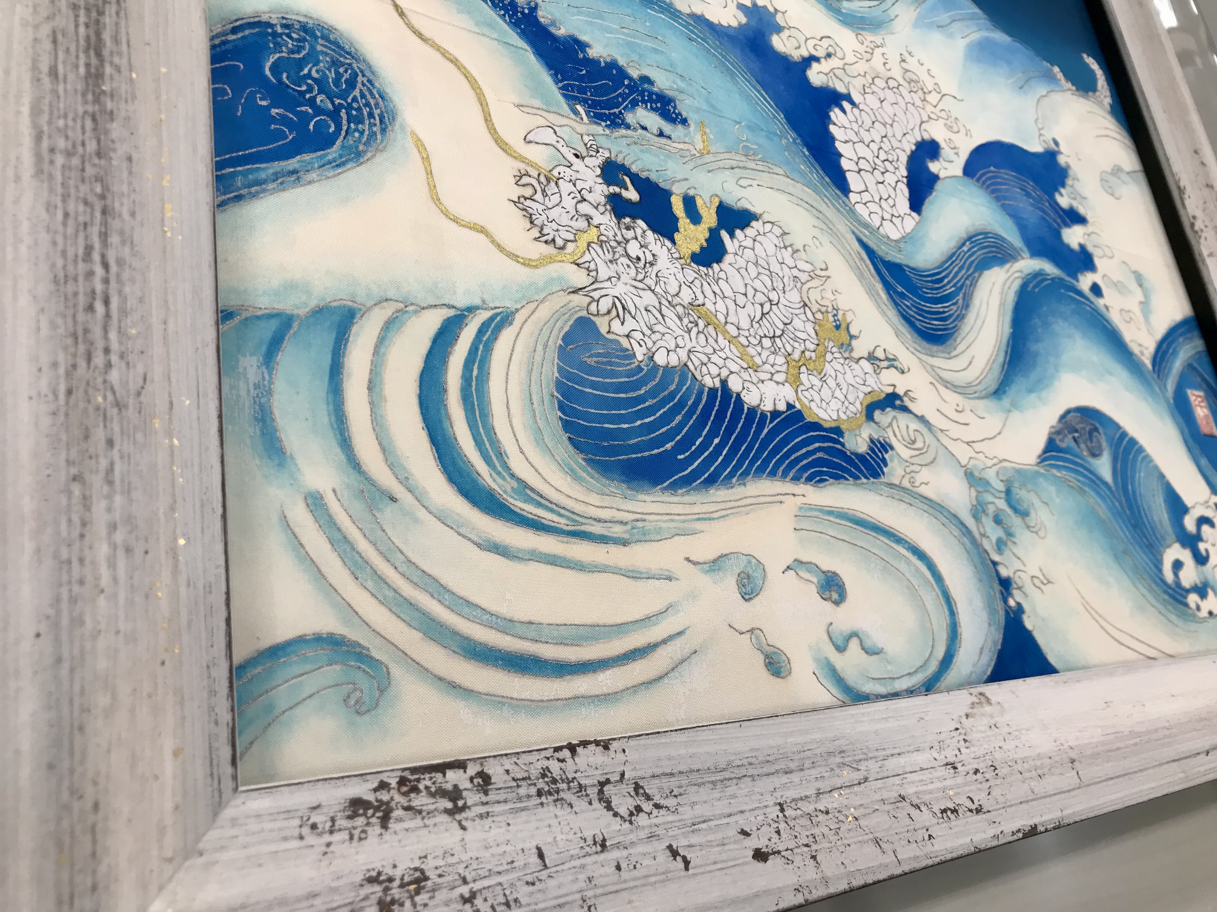 シルク染色 二柱の「龍」の額装