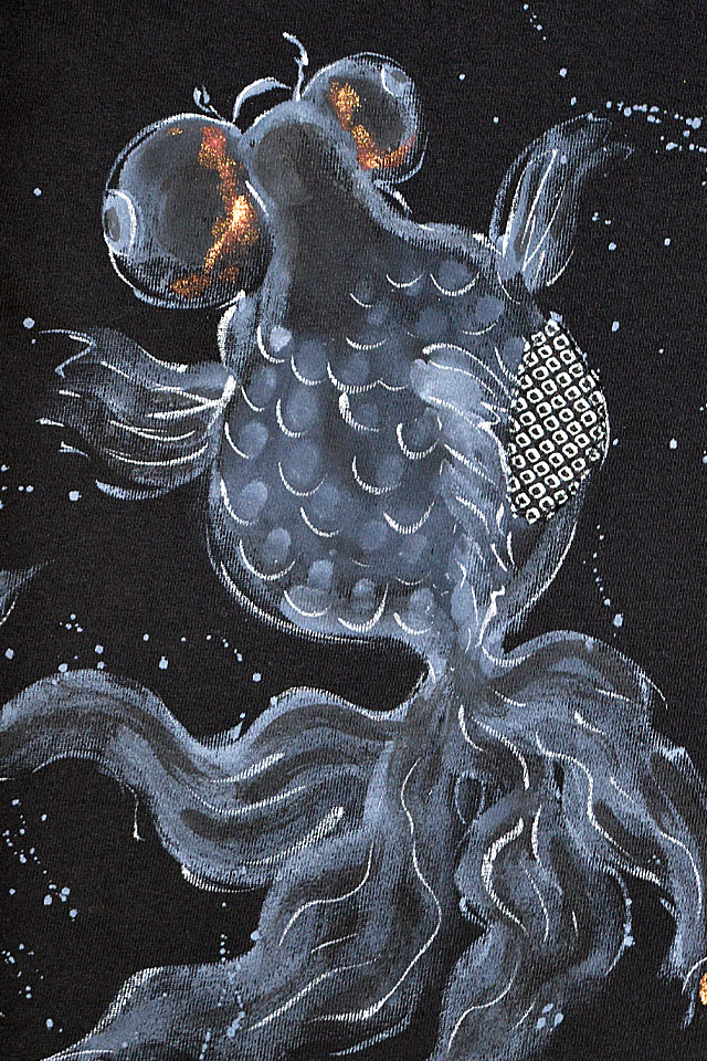 黒出目金リメイク半袖Tシャツ 碧 あお 金魚 手描き 手書き 京都 職人