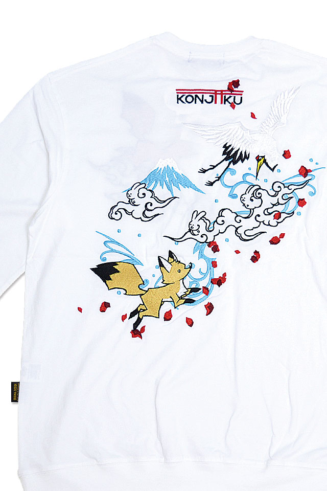 鶴狐ちゃん刺繍BIG Tee 今昔 KJ-23003 和柄 和風 きつね キツネ