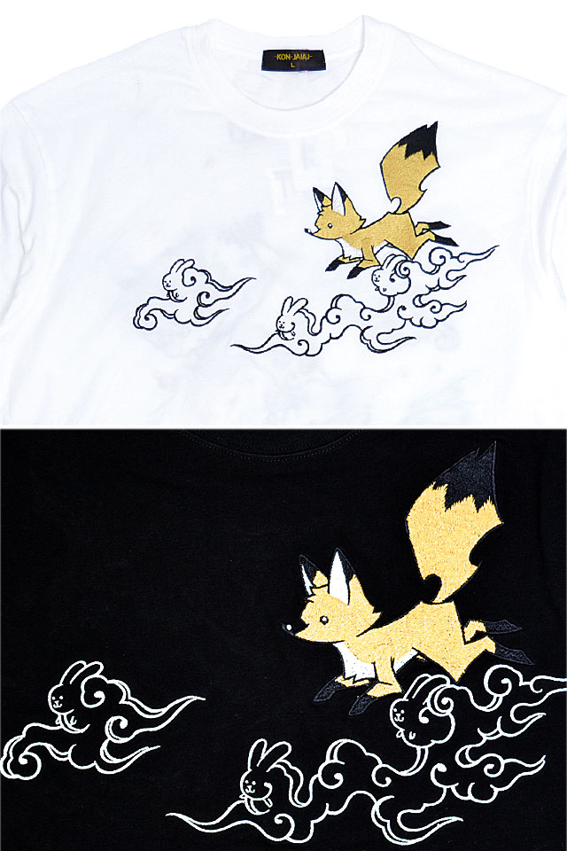 鶴狐ちゃん刺繍BIG Tee 今昔 KJ-23003 和柄 和風 きつね キツネ