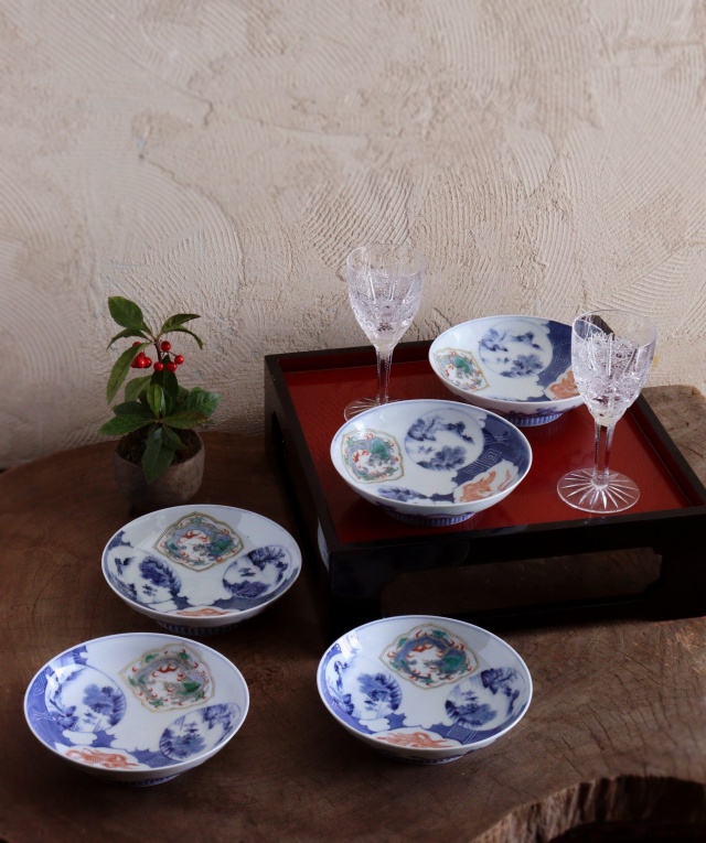 平戸焼 禮弓作色絵皿 5枚組 鳳凰龍紋色絵五枚