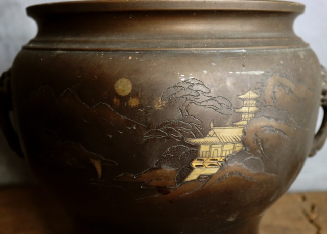 象嵌火鉢 瓶掛け 火鉢 手あぶり 鉢カバー 骨董 風炉 涼炉 金属火鉢