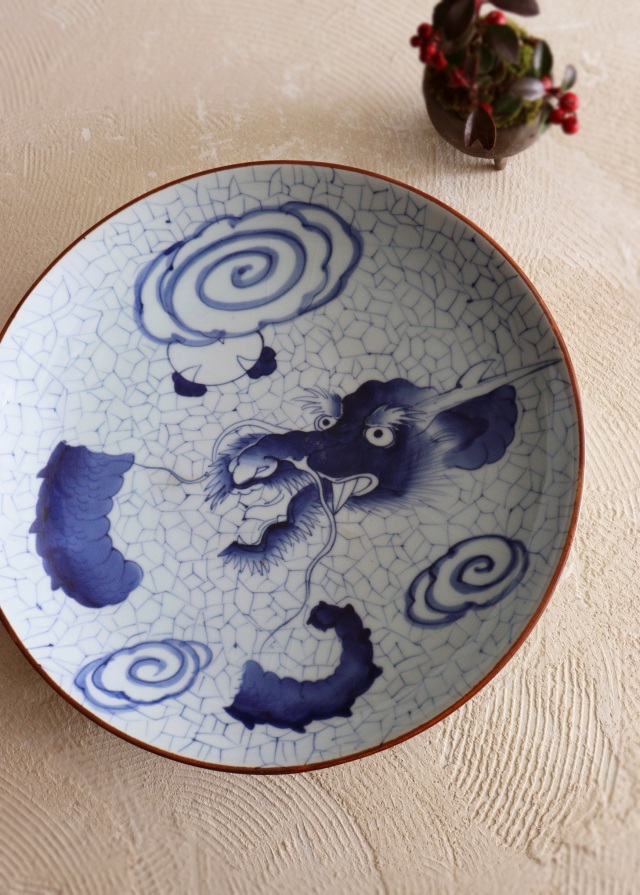 染付氷裂雲龍紋大皿 直径34.5cm 大皿 飾り皿