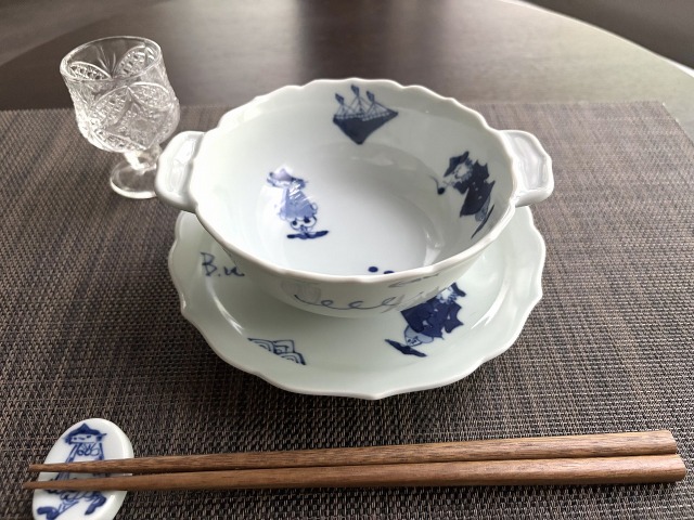 異人づくし新耳付スープ碗 しん窯青花