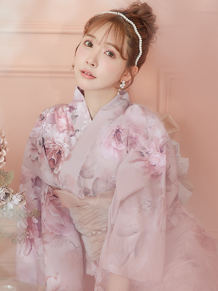 即日発送】くすみピンクアンティークフラワー浴衣【浴衣3点セット