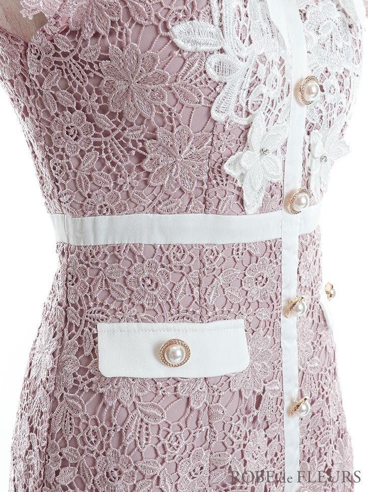 ローブドフルール 襟付きリボン/ フラワーレース/ ミニドレス ホワイト