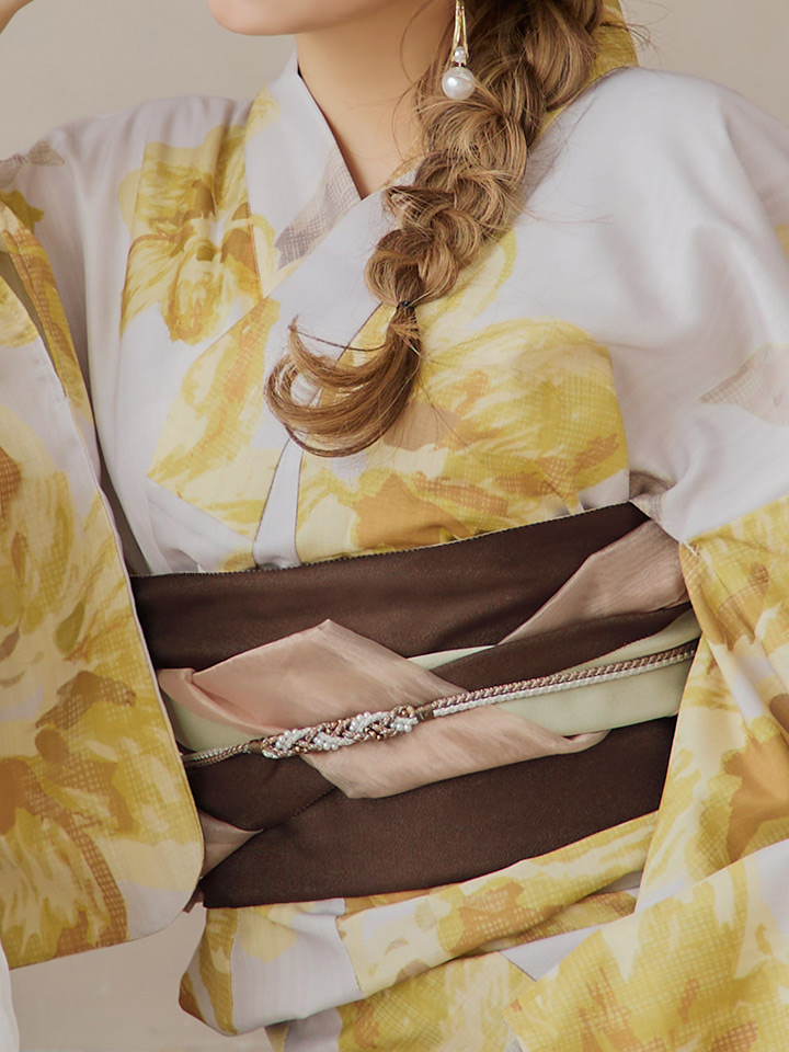 即日発送！】グレージュ×イエローフラワー浴衣【浴衣3点セット 浴衣