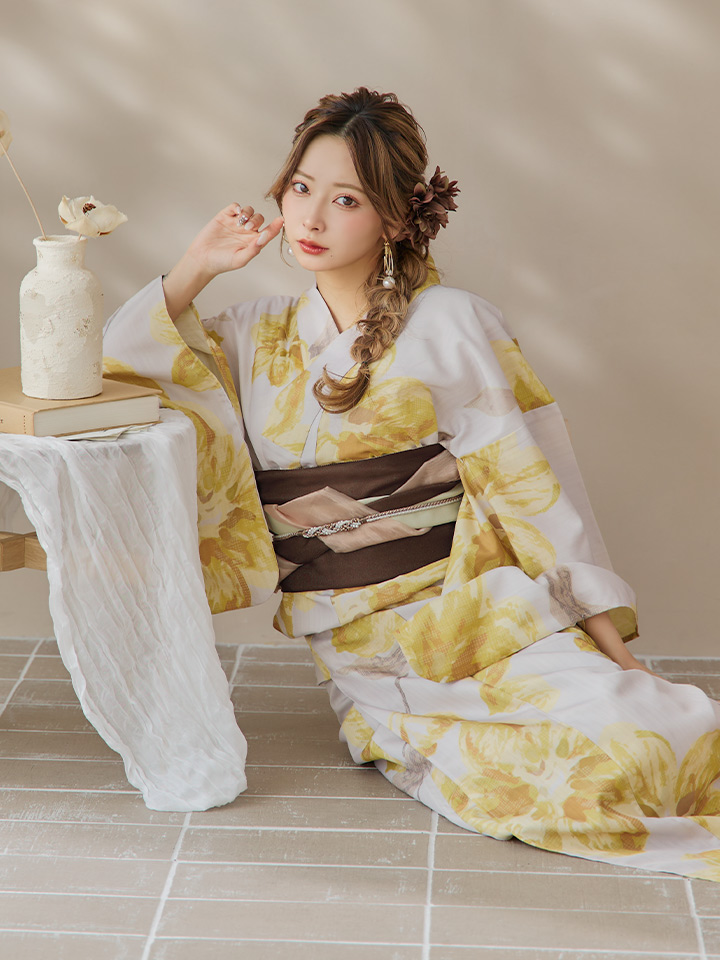 即日発送！】グレージュ×イエローフラワー浴衣【浴衣3点セット 浴衣