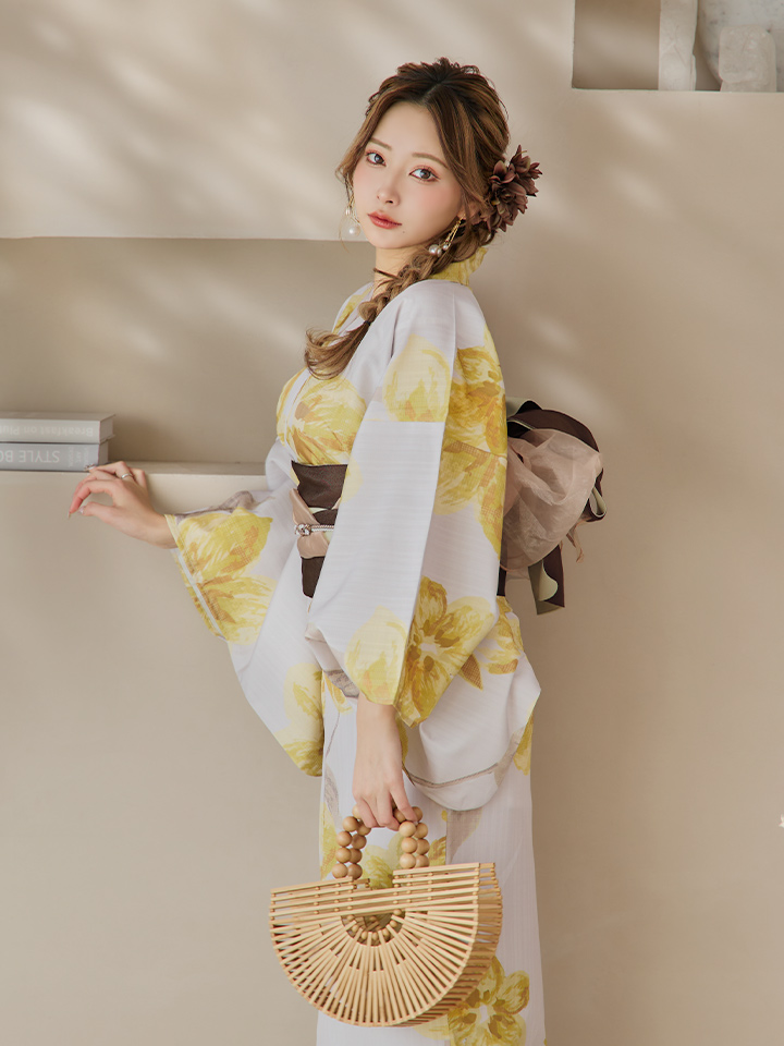 即日発送！】グレージュ×イエローフラワー浴衣【浴衣3点セット 浴衣