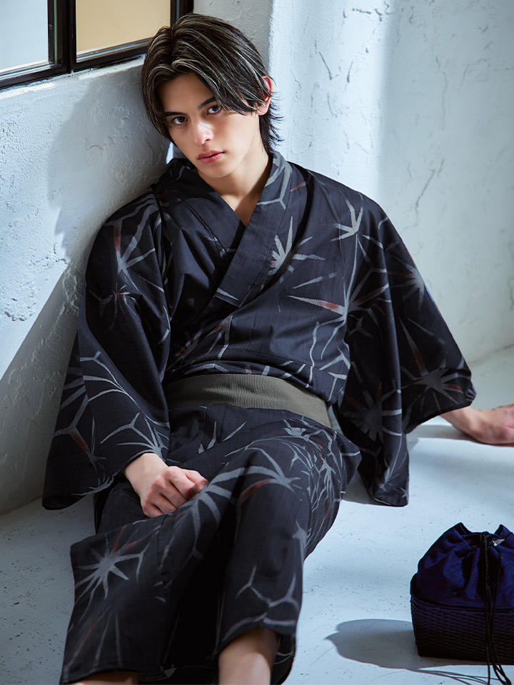 即日発送】ネイビー×蒼影五角紳士浴衣 【浴衣3点セット 浴衣/帯/下駄