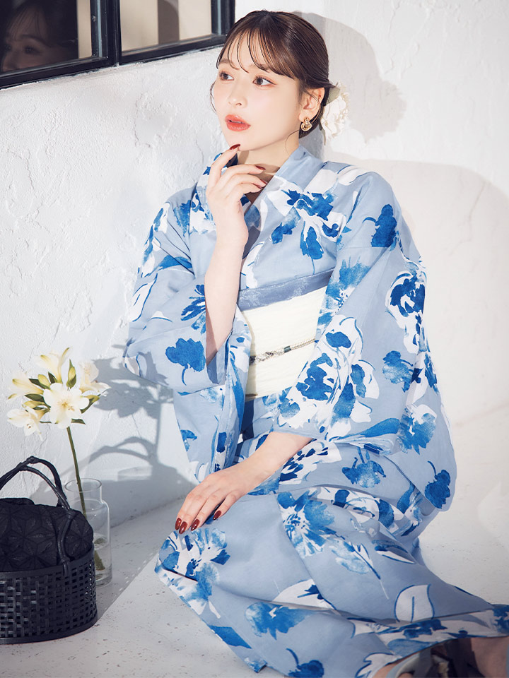 即日発送】くすみブルー水彩花柄浴衣【浴衣3点セット 浴衣/帯/下駄