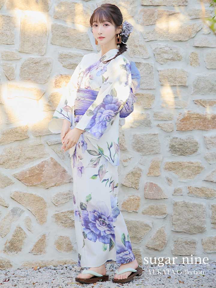 即日発送！】【浴衣】白地に水彩牡丹のクラシック浴衣 【浴衣3点