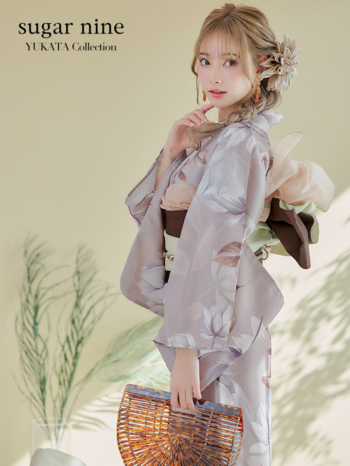 即日発送！】【浴衣】ホワイトフラワーブラウン浴衣 【浴衣3点セット