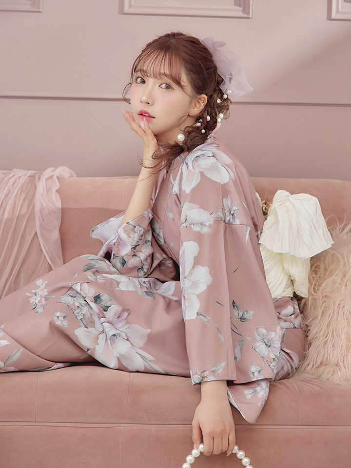 即日発送】大人スウィート/くすみピンク椿浴衣【浴衣3点セット 浴衣