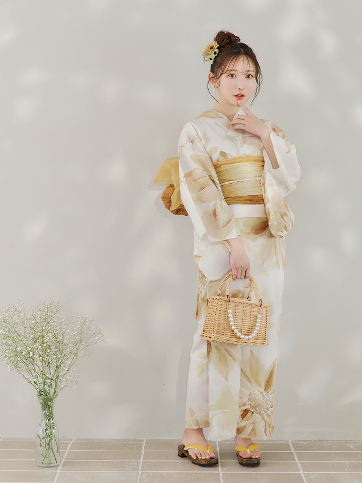 即日発送！】水彩イエローフラワー浴衣【浴衣3点セット 浴衣/帯/下駄
