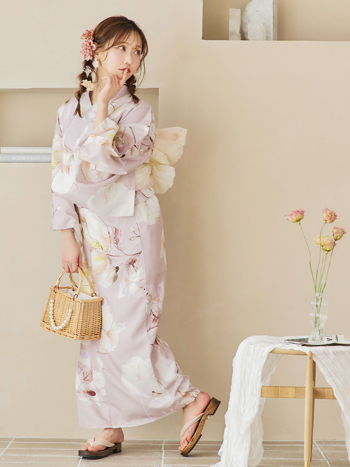 アンティークフラワーピンク浴衣【浴衣3点セット 浴衣/带/下駄】 即日