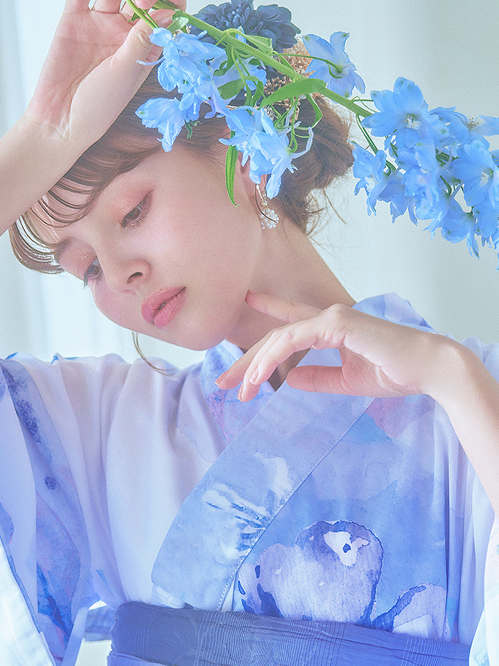 即日発送】水彩フラワーブルー浴衣【浴衣3点セット 浴衣/帯/下駄
