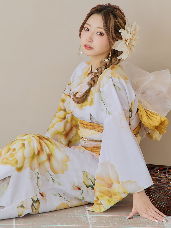 即日発送】アンニュイイエローフラワー浴衣【浴衣3点セット 浴衣/帯
