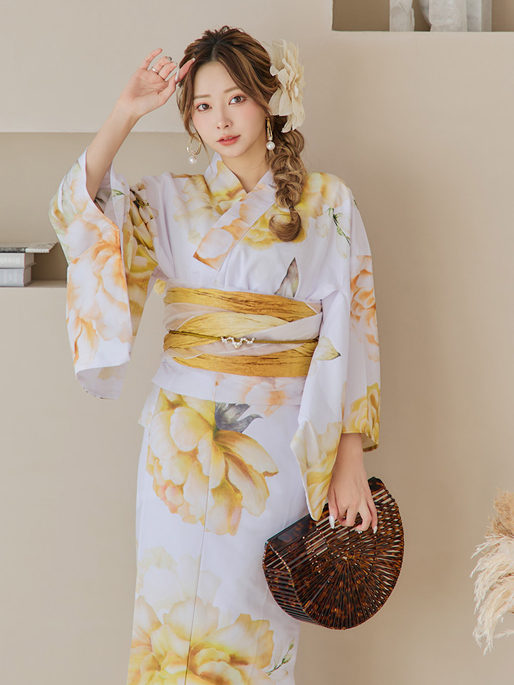 即日発送】アンニュイイエローフラワー浴衣【浴衣3点セット 浴衣/帯