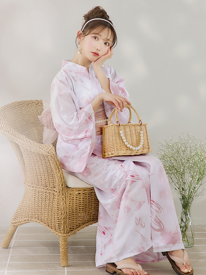 即日発送】ニュアンスピンクフラワー浴衣【浴衣3点セット 浴衣/帯