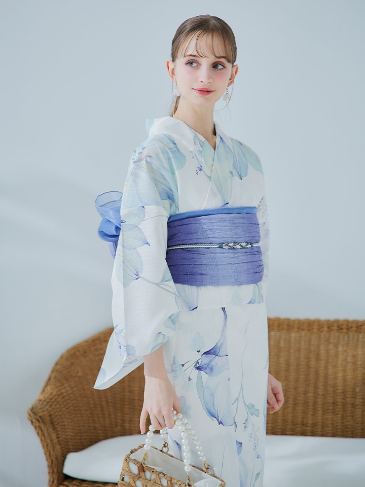 即日発送】【浴衣セール！】水彩百合ナチュラルブルー浴衣【浴衣3点